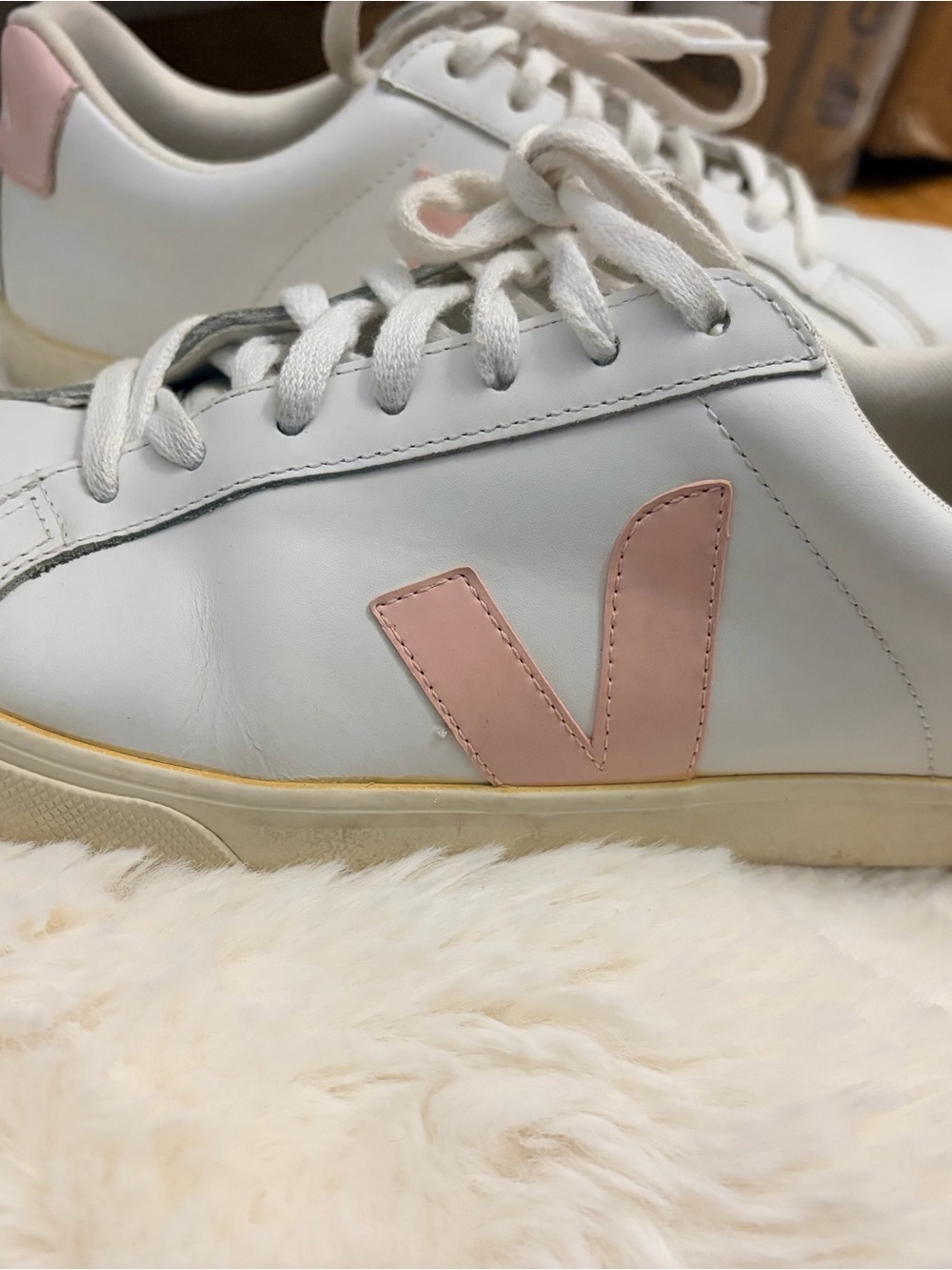 Veja Women's White Leather Sneakers with Pink V Accent